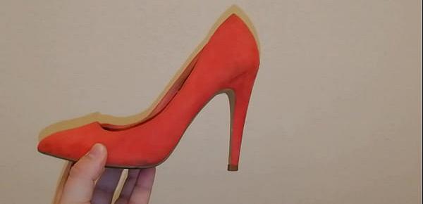 Masturbating over four high heel shoes